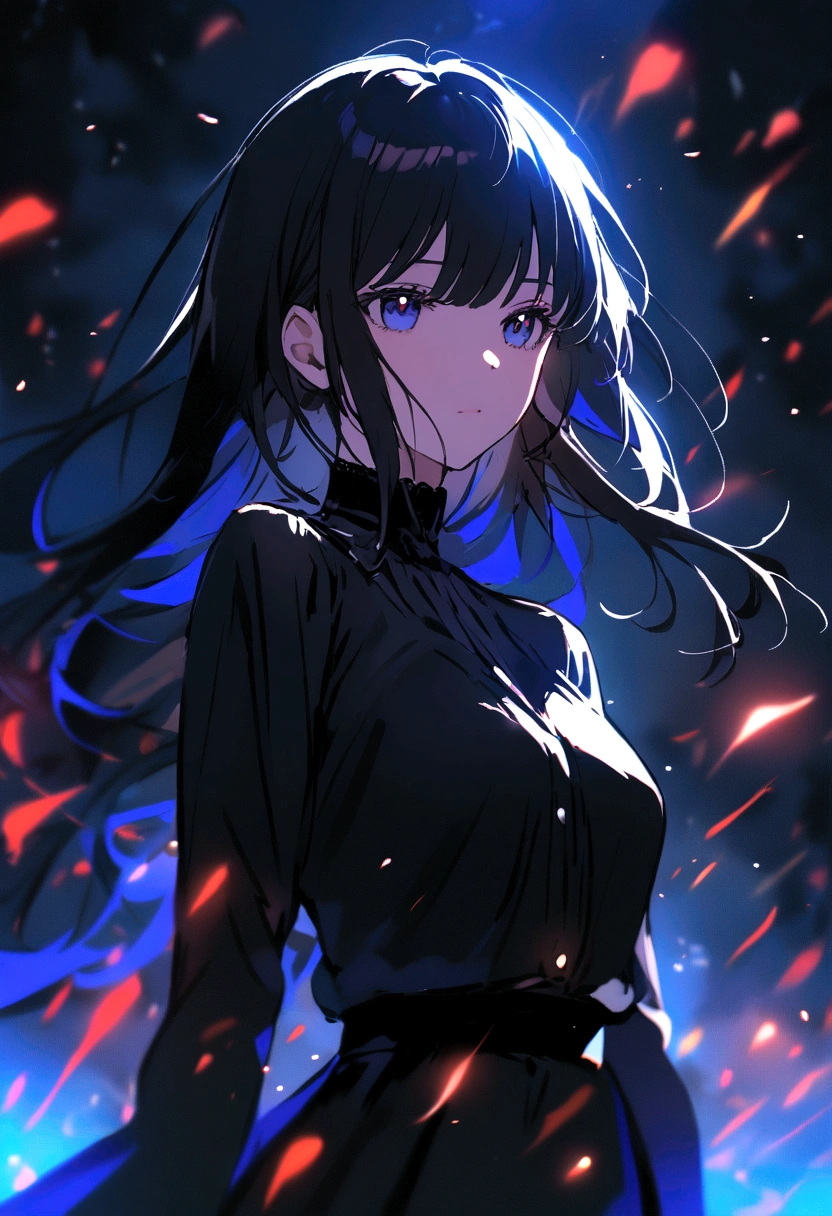 girl with long black hair without bangs and black blouse
