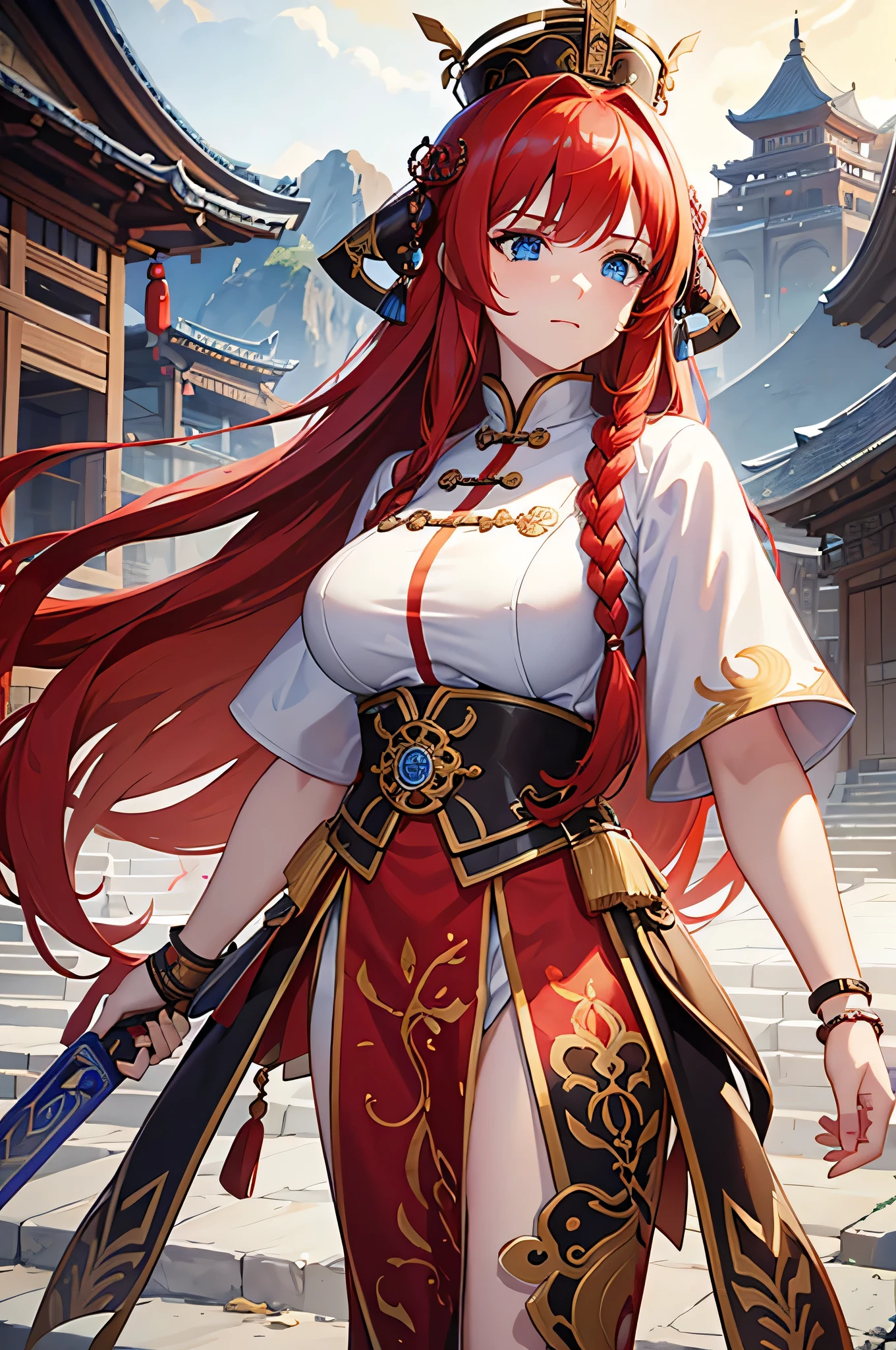 4K,High resolution,One Woman,Red Hair,long hair,Braid,Blue Eyes,Big Breasts,Ancient Chinese Generals,Ancient Chinese White Armor,Heavy Armor,Full Armor,ancient chinese crown,Long sword,Ancient Chinese Villages