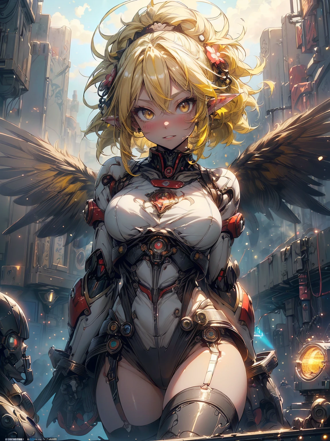 (masterpiece、Highest quality, wonderful, Very detailedティッカーユニティ、8k wallpaper, Written boundary depth, Ultra-fine Illustration:1.5)、。.。.3d, Very detailed, (Esbian all over、Mecha Elf Girl:1.3), Cowboy Shot, Dutch Angle 、Sci-Fi Battlefield, Hawken, A shy smile, Open your mouth、Short Ponytail, (Yellow Hair、 Bright yellow eyes:1.2), Sparkling eyes, Embarrassingly cute face, cute, Big Breasts, Delicate hair, Messy Hair, (((The sky is blue and wide、White cloud、Shiny Hair, Shiny skin, (Symmetrical mechanical winetallic colored mechanical wings that are widely expanded to the left and right so that they protrude wonderfully from the screen, bite, Yellow Hair ornament), (Particles of light, Cinema Lighting: 1.3), (Pale pink lips: 0.8), yusuke murata.