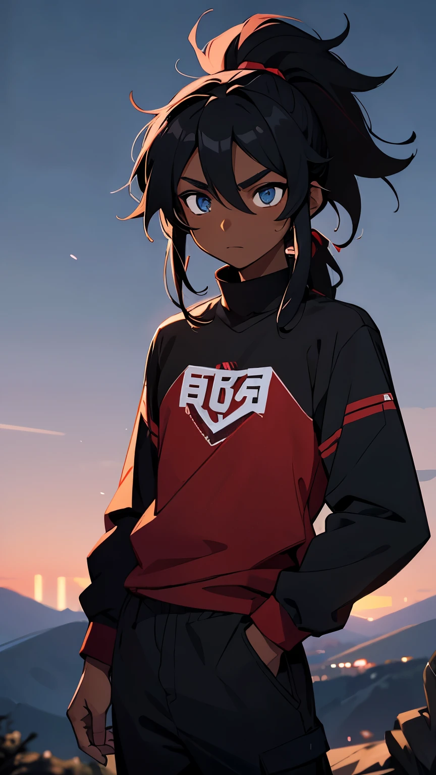 Young male, dark skin, black hair, messy hair, long hair, hair with ponytail, dark blue eyes, red long-sleeved high-neck blouse, black sweatpants with red details, on a mountain at night