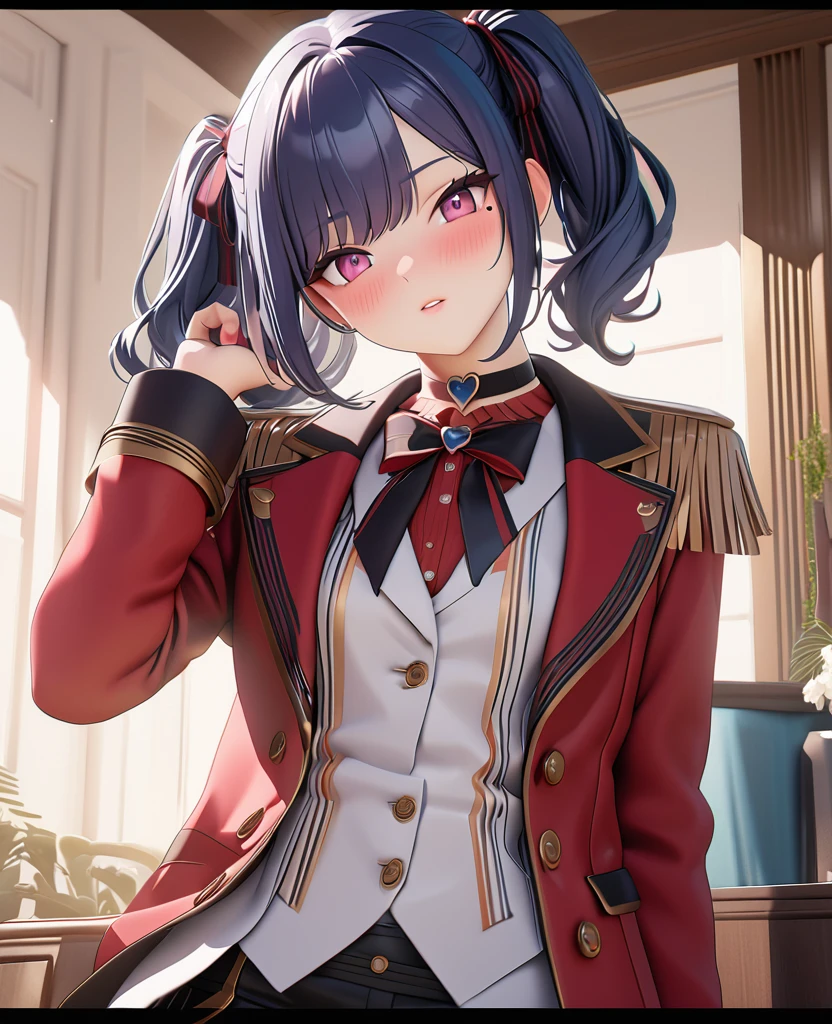 masterpiece, best quality, highly detailed, high resolution, expensive resolution, high resolution, 4K, 8k, uniform 8k wallpaper, highly detailed CG, masterpiece, 2D, 3D, beautiful details, depth, fine texture, best quality: 1.3, perfectly focused, crispy. skin, him, cute anime 20s girl, her name is Mei, idol, expensive brown short twin tails, mole under eye, looking at the viewer, cowboy shorts, expensive, blush, mole, plump lips, heart, pink eyes, heart shaped choker