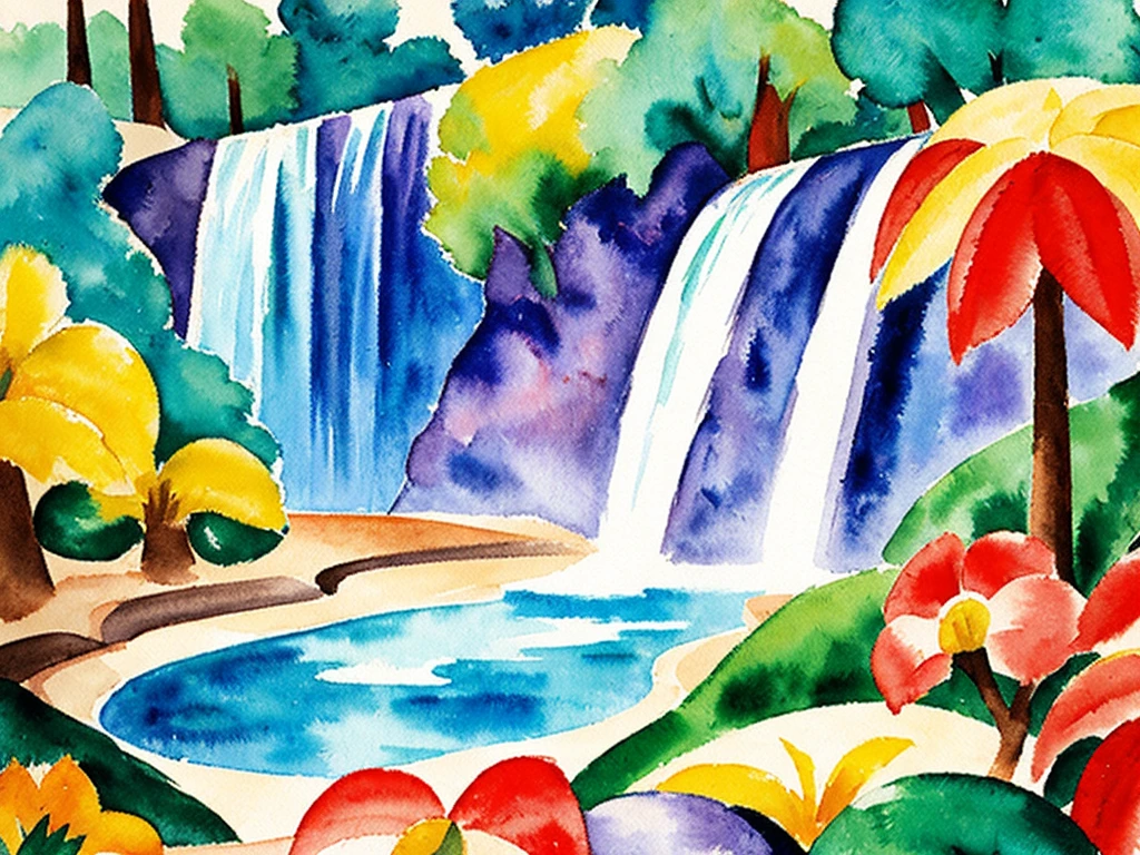 August macke style watercolor painting waterfall 