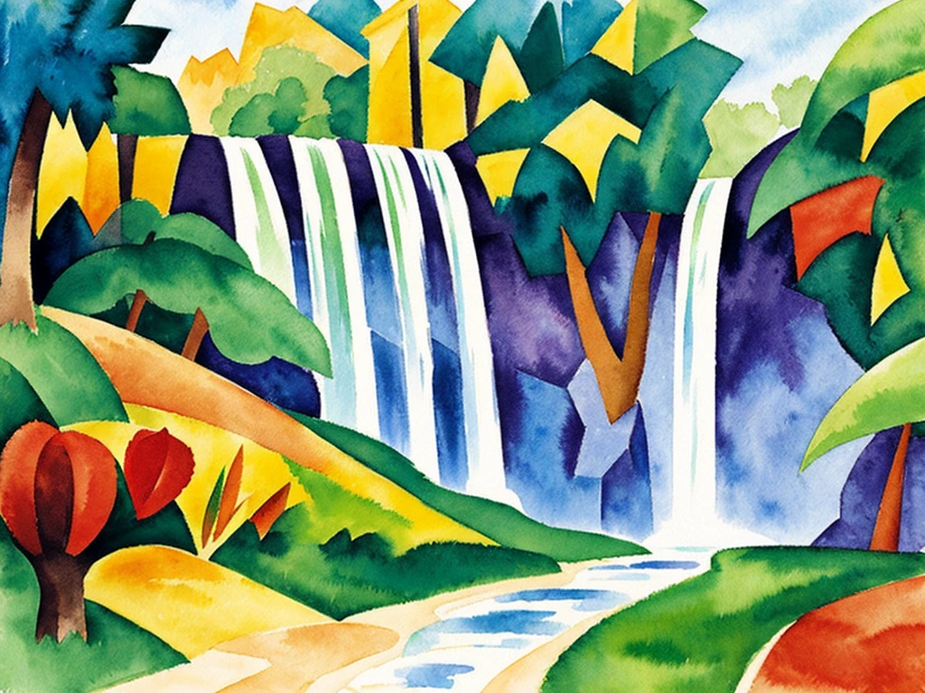 August macke style watercolor painting waterfall 