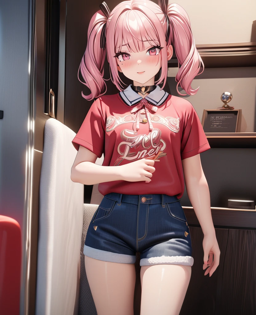 masterpiece, best quality, highly detailed, high resolution, expensive resolution, high resolution, 4K, 8k, uniform 8k wallpaper, highly detailed CG, masterpiece, 2D, 3D, beautiful details, depth, fine texture, best quality: 1.3, perfectly focused, crispy. skin, him, cute anime 20s girl, her name is Mei, idol, expensive brown short twin tails, mole under eye, looking at the viewer, cowboy shorts, expensive, blush, mole, plump lips, heart, pink eyes, heart shaped choker
