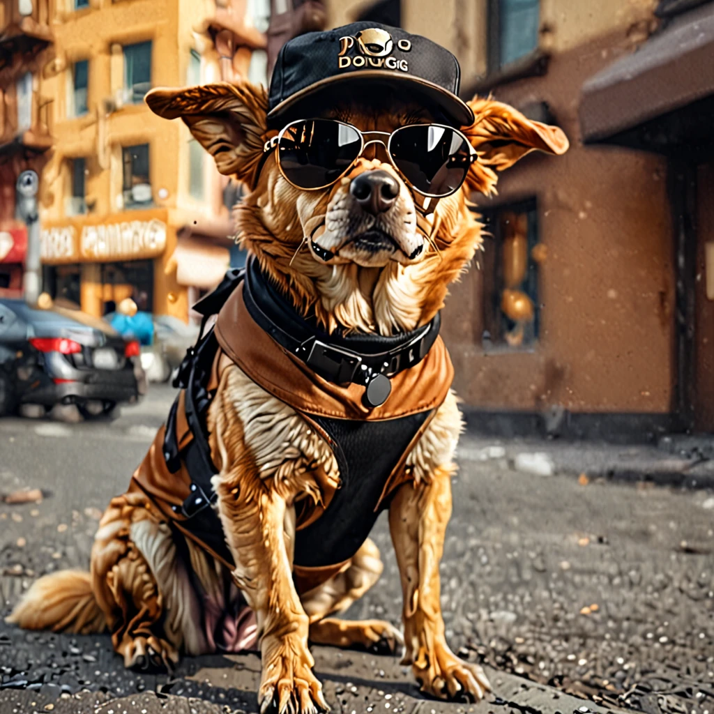 (cinematic, Aesthetics) humanoid dog sunglasses and cap, caramel color, wearing dangerous street clothes
