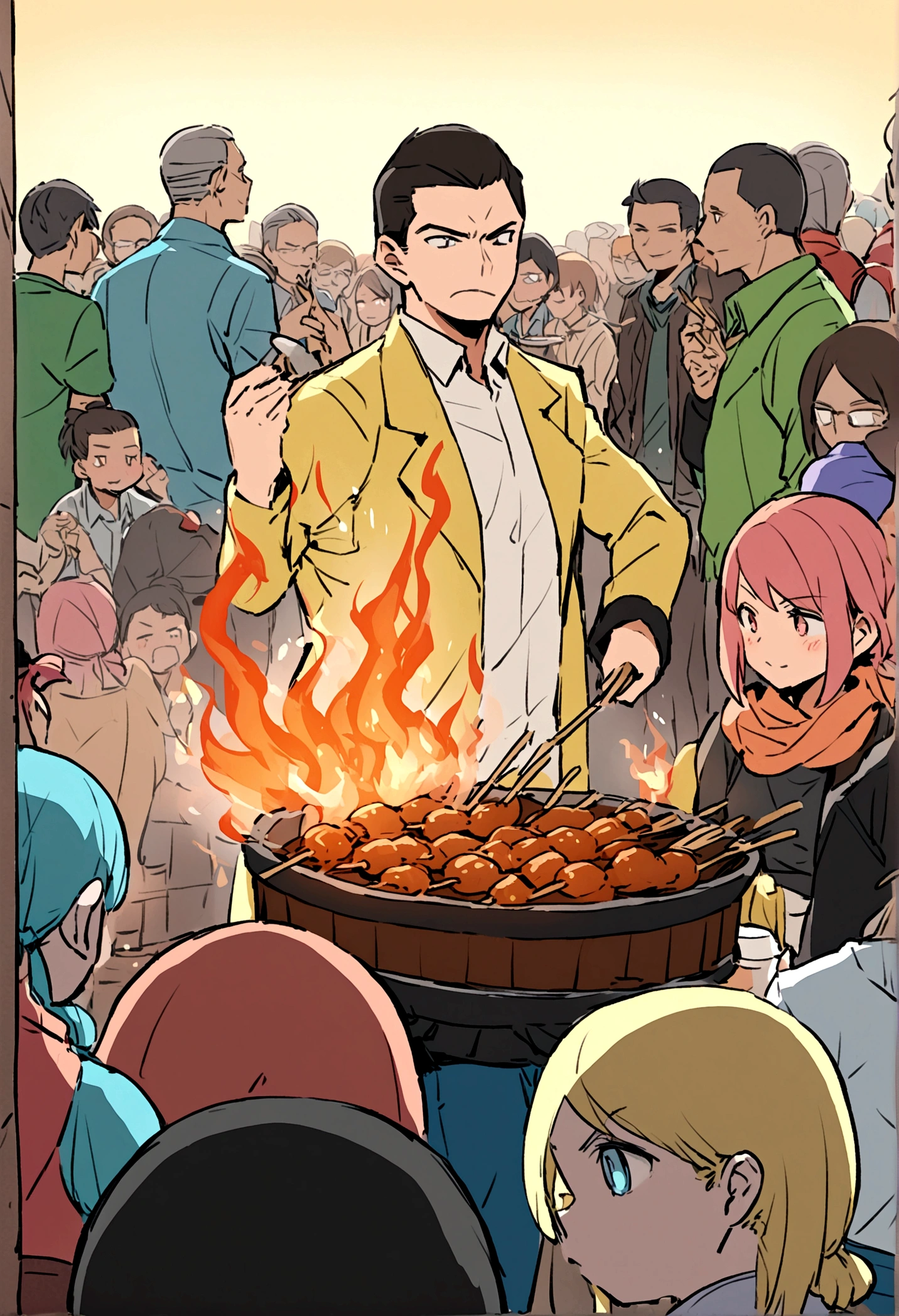 a satay seller was selling at the village hall where there were lots of people