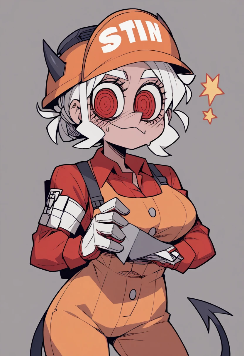 A female construction worker wearing an Adrian helmet, as a Helltaker demon with short white hair