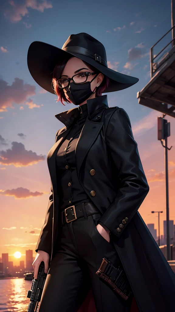 A city with a beautiful sunset with a woman with short hair and dark glasses and a black coat and black hat and a skull mask in her pocket with an improved sniper rifle and aiming 