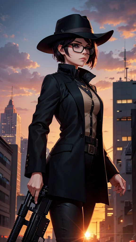 A city with a beautiful sunset with a woman with short hair and dark glasses and a black coat and black hat and a skull mask in her pocket with an improved sniper rifle and aiming