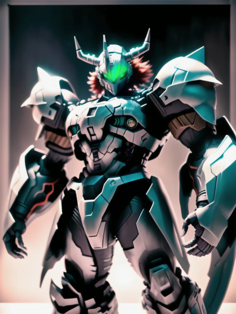 Humanity, alone, WarGreymon, armor, male, BANDAI NAMCO, Digimon, Helmet, horn, Green Eyes, View your viewers, break, Detailed Background, Realistic, 8k hd, Attention to detail, (Dark Shadows, Wide dynamic range, High resolution, Low Light:1.2),Realistic depiction, mysterious, dynamic poses,