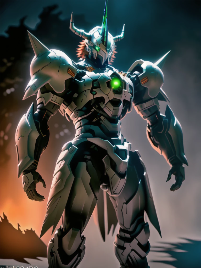 Humanity, alone, WarGreymon, armor, male, BANDAI NAMCO, Digimon, Helmet, horn, Green Eyes, View your viewers, break, Detailed Background, Realistic, 8k hd, Attention to detail, (Dark Shadows, Wide dynamic range, High resolution, Low Light:1.2),Realistic depiction, mysterious, dynamic poses,