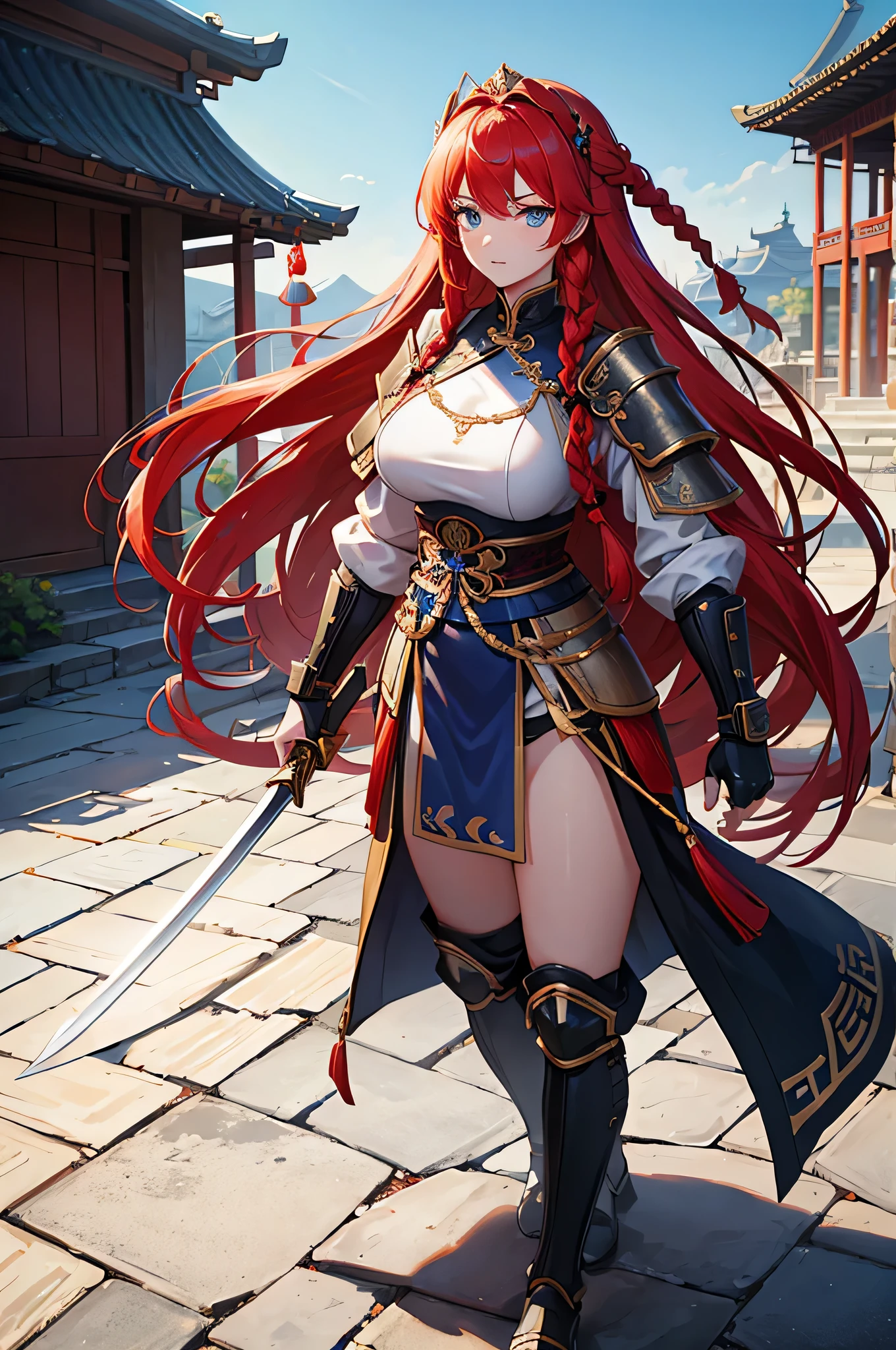 4K,High resolution,One Woman,Red Hair,long hair,Braid,Blue Eyes,Big Breasts,Ancient Chinese Generals,Ancient Chinese White Armor,Heavy Armor,Full Armor,ancient chinese crown,Long sword,Ancient Chinese Villages