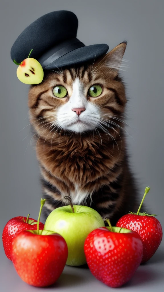 : 3. cat, realistic, hairy, clothed animal, apple, dark circles, blush, cherry, food, fruit, full body, hat, non-human, strawberry, tomato, watermelon