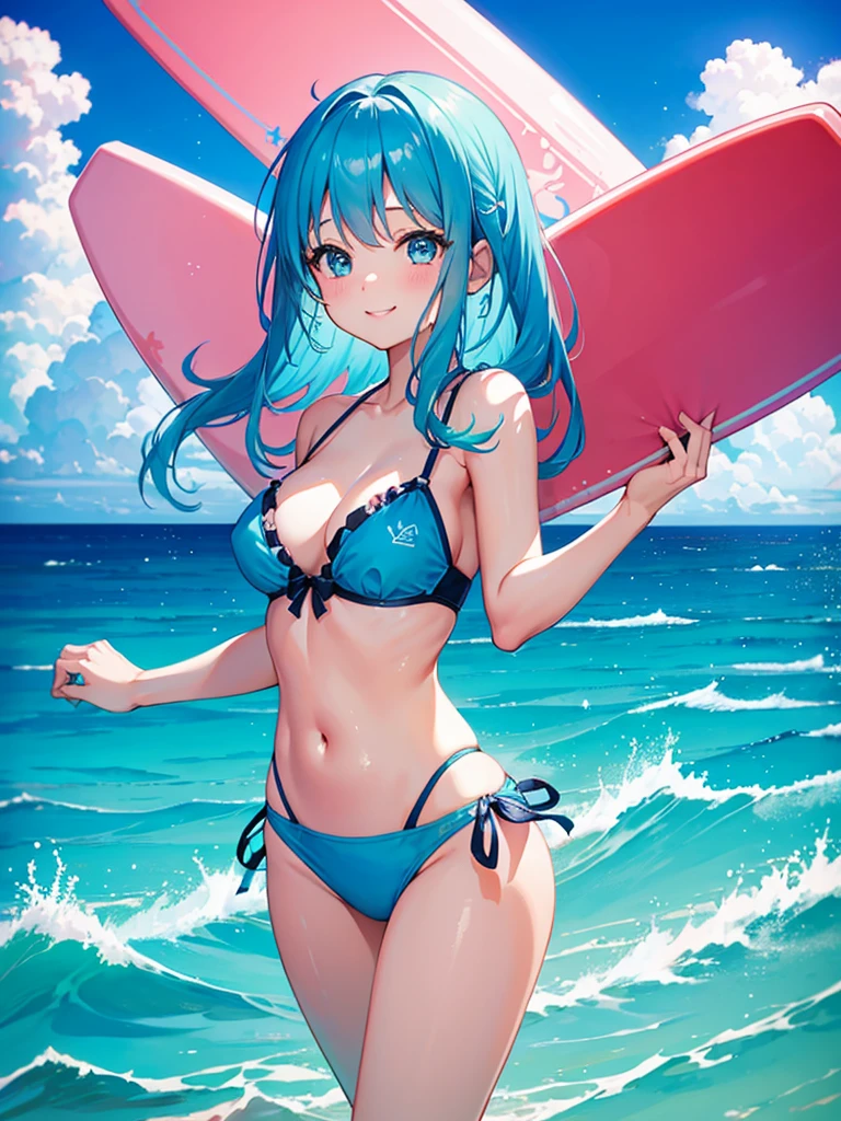 Ocean、blue sky、One girl、Light blue hair、bangs、Big Eyes、Pink Bikini、Holding a surfboard、Looking this way and smiling、Highest品質, High definition, Ultra-fine, Highest_detailed