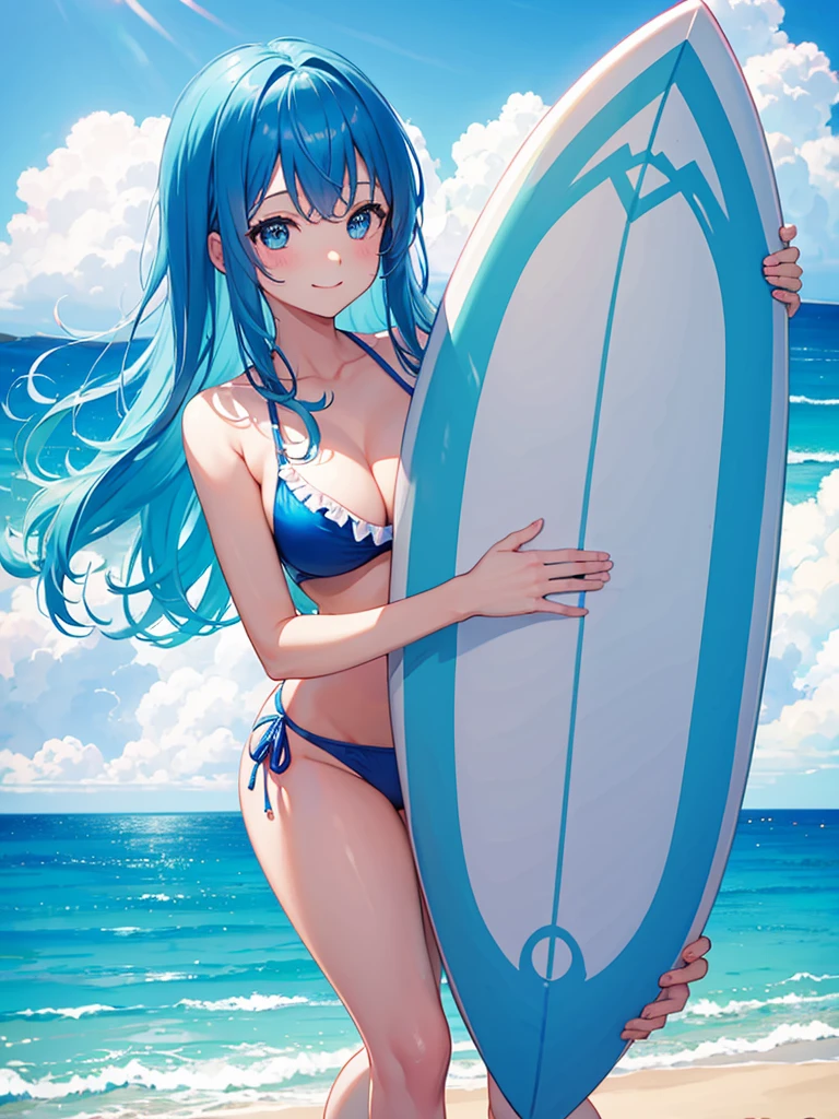 Ocean、blue sky、One girl、Light blue hair、bangs、Big Eyes、Pink Bikini、Holding a surfboard、Looking this way and smiling、Highest品質, High definition, Ultra-fine, Highest_detailed