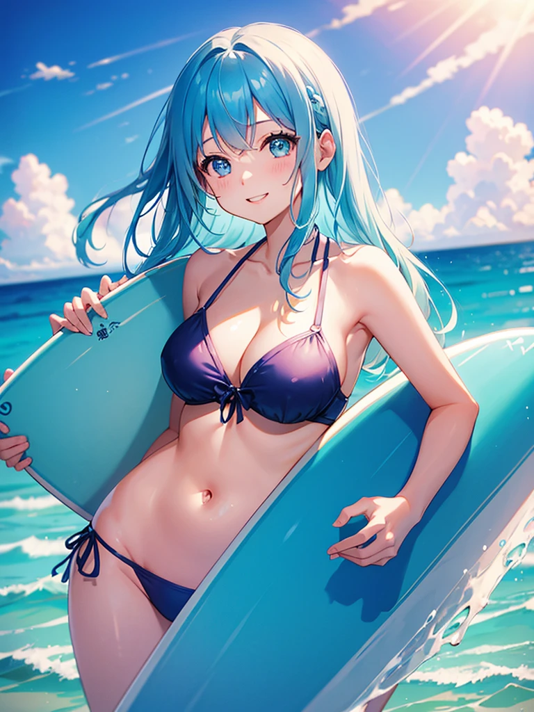 Ocean、blue sky、One girl、Light blue hair、bangs、Big Eyes、Pink Bikini、Holding a surfboard、Looking this way and smiling、Highest品質, High definition, Ultra-fine, Highest_detailed