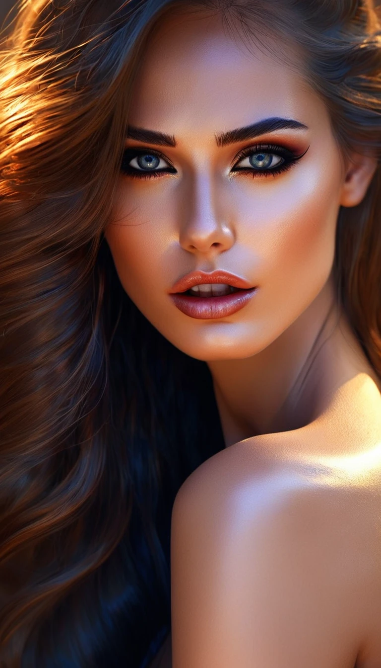 a , beautiful detailed eyes, beautiful detailed lips, extremely detailed face and portrait, long eyelashes, delicate facial features, radiant skin, glamorous makeup, long flowing hair, hourglass figure, skimpy outfit, alluring pose, sensual expression, ethereal beauty, elegant, shimmering, cinematic lighting, dramatic shadows, vibrant colors, fantasy, digital painting, highly detailed, photorealistic, 8k, best quality, masterpiece