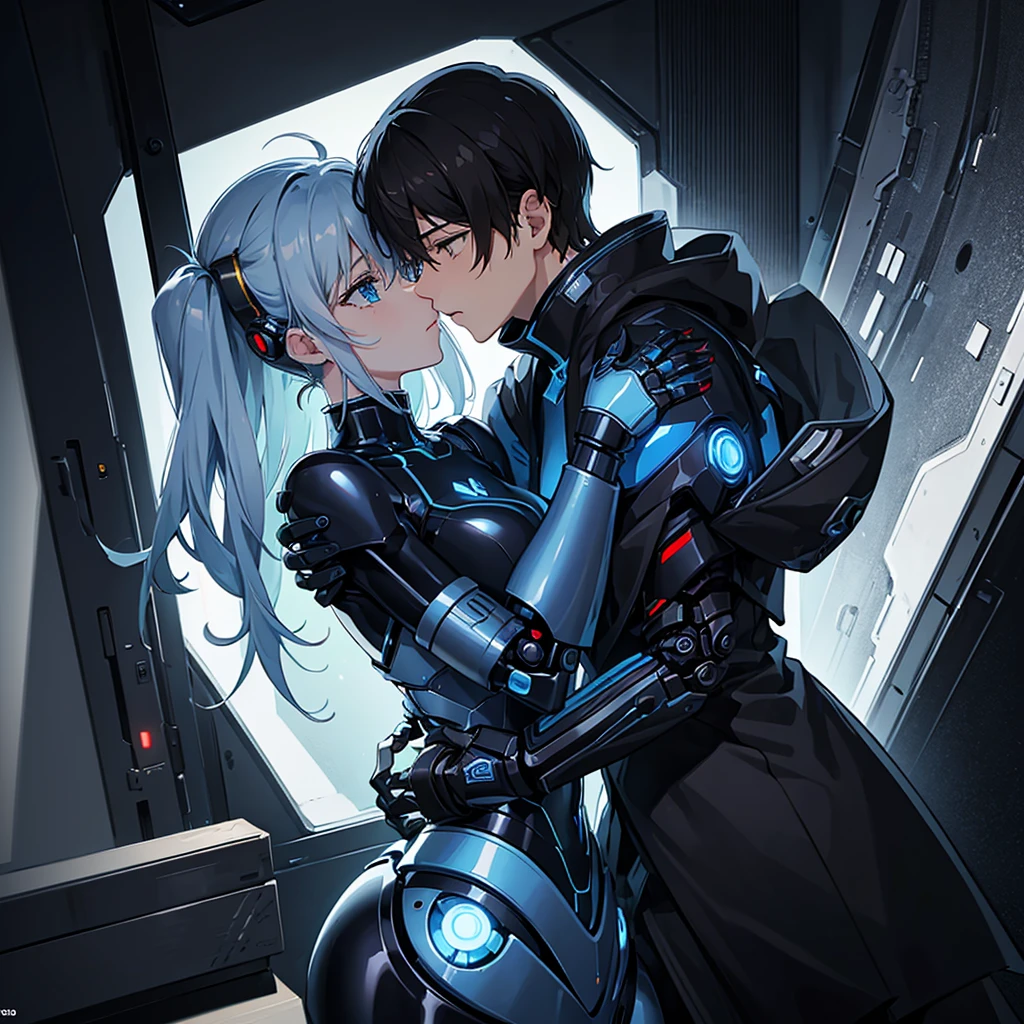 (masterpiece:1.2) (((32k))),(((Highest quality))), masterpiece, add_detail best quality, 8k, high resolution, Poster, Futuristic, blue shades, robotic man, male robot, human girl, girl and a robot love scene, girl and robot romantic scene, girl touching the robot check, in love, romantic, human girl and male robot, girl and robot in love, kissing, hugging, emotional