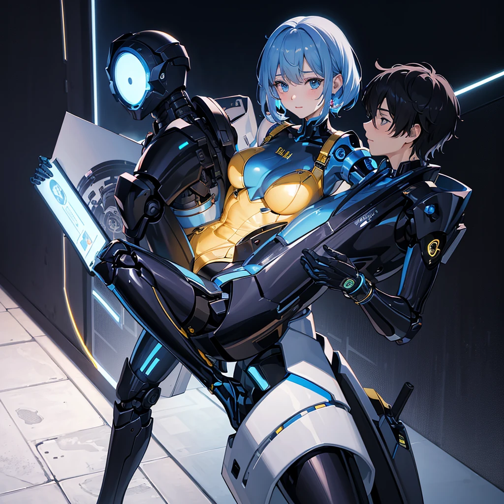 (masterpiece:1.2) (((32k))),(((Highest quality))), masterpiece, add_detail best quality, 8k, high resolution, Poster, Futuristic, blue shades, robotic man, male robot, human girl, girl and a robot love scene, girl and robot romantic scene, girl touching the robot check, in love, romantic, human girl and male robot, girl and robot in love, kissing, hugging, emotional