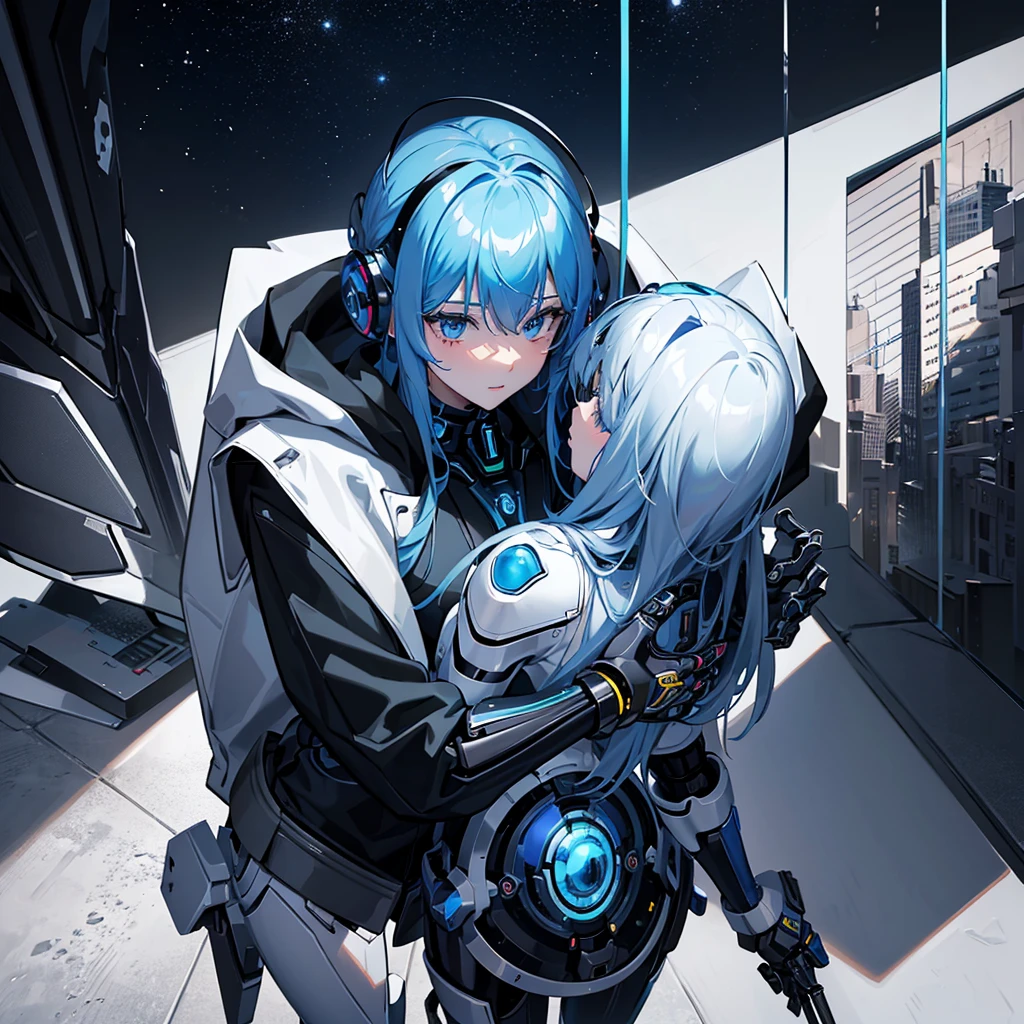 (masterpiece:1.2) (((32k))),(((Highest quality))), masterpiece, add_detail best quality, 8k, high resolution, Poster, Futuristic, blue shades, robotic man, male robot, human girl, girl and a robot love scene, girl and robot romantic scene, girl touching the robot check, in love, romantic, human girl and male robot, girl and robot in love, kissing, hugging, emotional