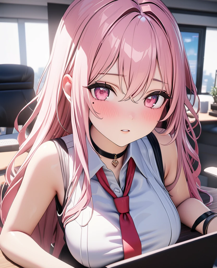 masterpiece, best quality, highly detailed, high resolution, expensive resolution, high resolution, 4k, 8k, Unity 8k wallpaper, highly detailed CG, masterpiece, 2d, 3d, beautiful details, depth, fine texture, best quality: 1.3, perfect focus, crispy skin, him, very cute anime 20s girl, sexy uniform in secretary department, big breasts, expensive pink medium long hair, secretary's office, mole under eye, looking at the viewer, expensive, blush, mole, parted lips, , heart, pink eyes, choker
