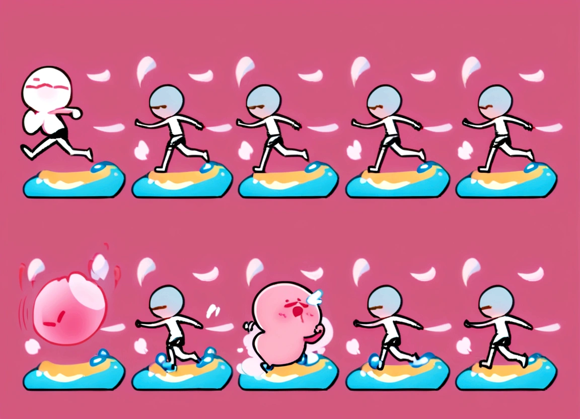 SIDE VIEW Create a series of frames for a 2D platformer SIDE VIEW game character featuring a pink jelly running animation cycle. SIDE VIEW The character should be a cute, squishy pink jelly with a playful and bouncy movement. Design each frame to show the jelly in different stages of its running motion, emphasizing the stretch and squash effects to convey a fluid, gelatinous movement. Ensure the frames loop smoothly to create a SIDE VIEW continuous running animation.