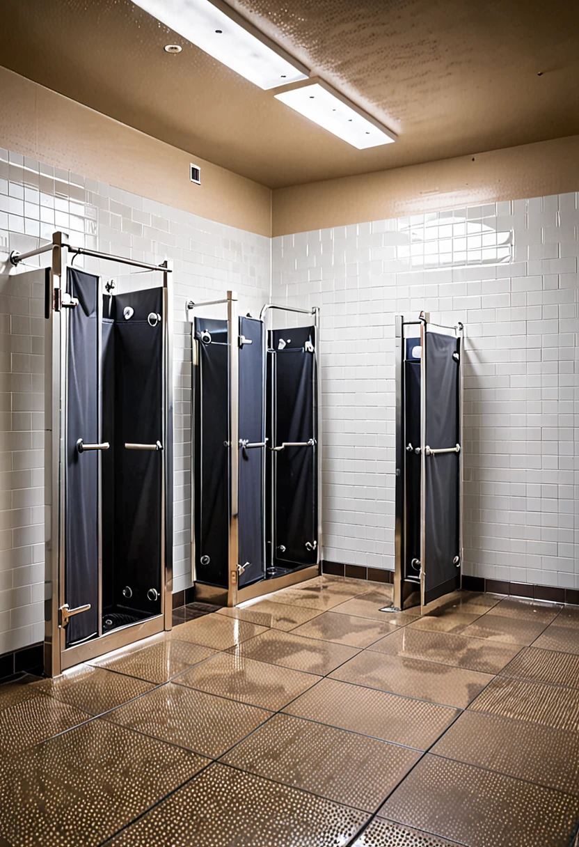 4 empty shower stalls in a row in a fitness center