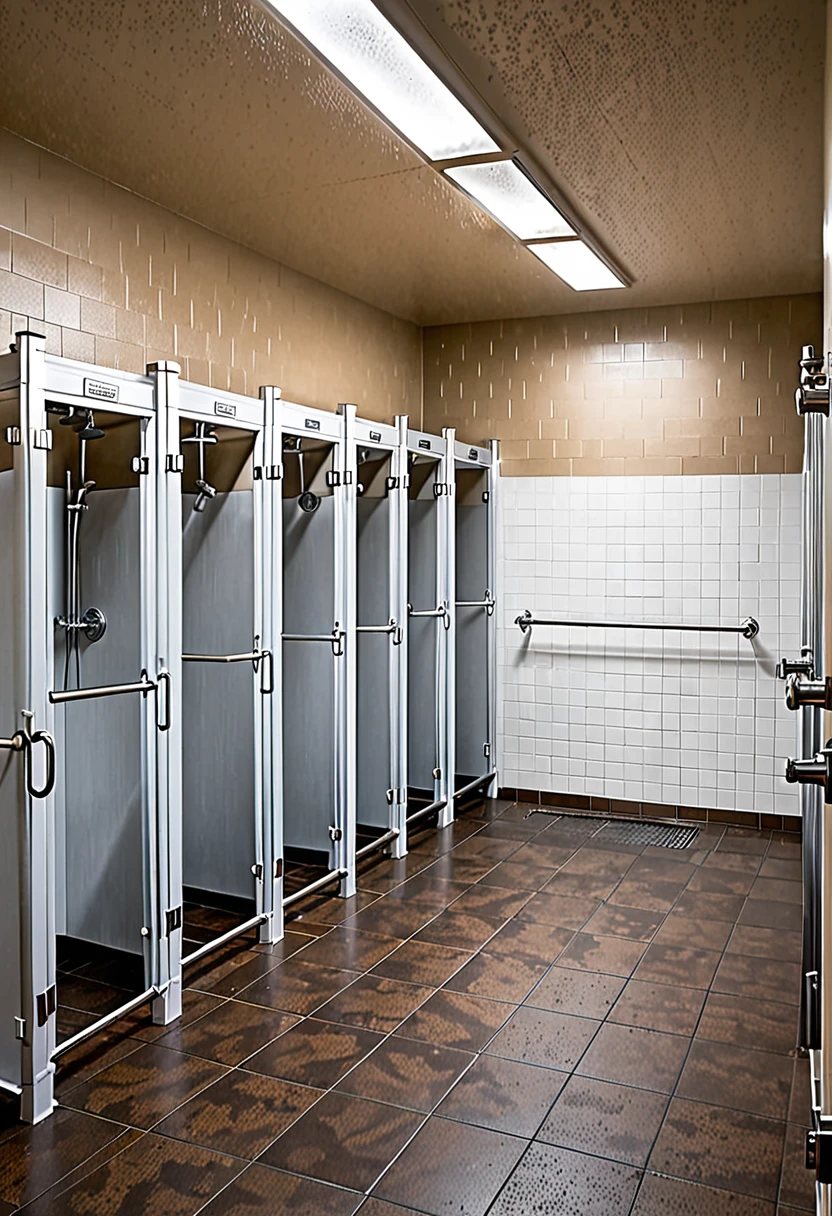 4 empty shower stalls in a row in a fitness center