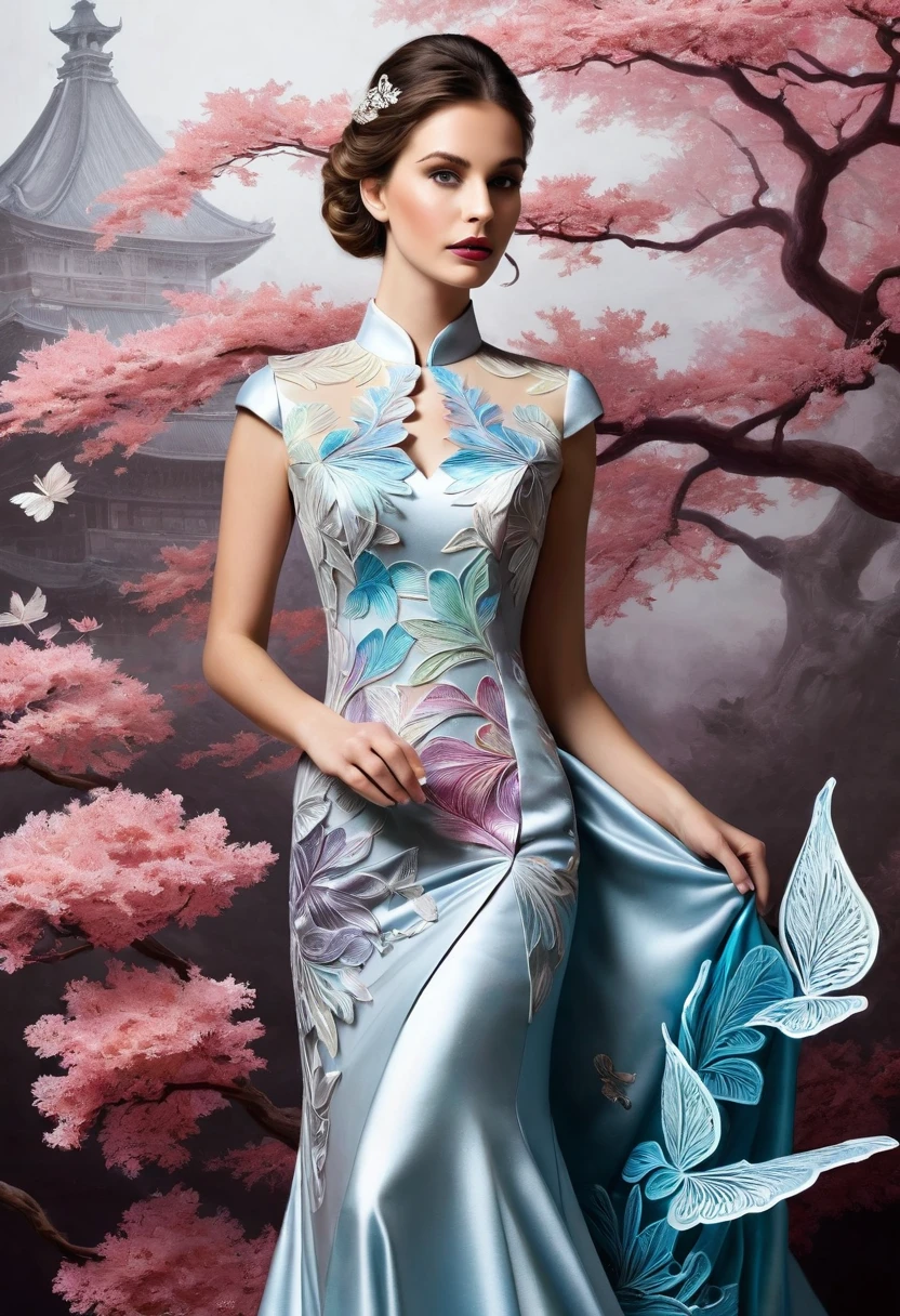 Sur une feuille de papier légèrement pliée posée sur un grand bureau, Dessiner une figurine 4D de style encre uhd époustouflante et à couper le souffle, portant une sublime Cheongsam dress très détaillé en dentelle fractal, effet holographique qui sort de la feuille de dessin, dessin extrêmement détaillé, hyperréaliste, Des détails sublimes. Un travail vraiment remarquable, travail joyeux et sensuel, (sublime poitrine effet push-up qui semble sortir de la feuille de dessin), (elle sort de la feuille de dessin)
