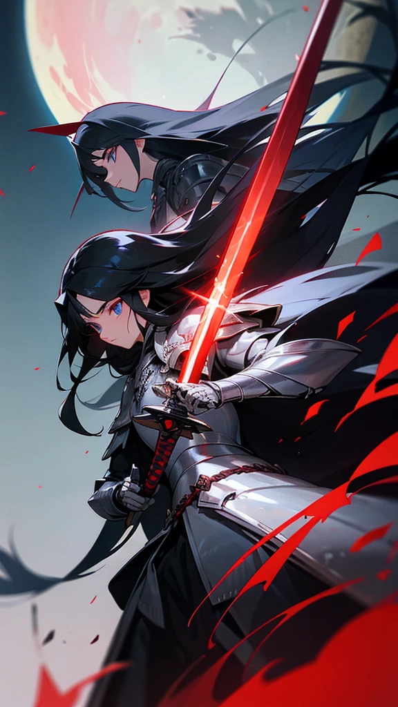 (Long Hair) (Black Hair) (Silver Armor) (Crimson Moon) (Dark blue eyes) (Carry a long sword)