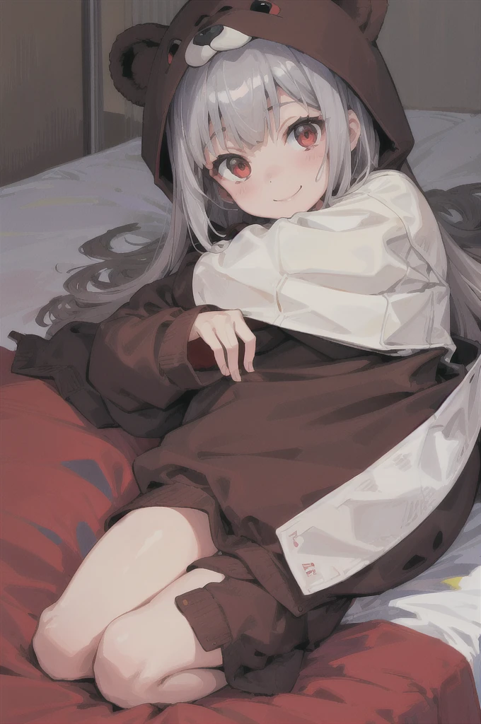 A girl wearing a brown bear costume、Silver color、Bob、Red eyes、Shy smile、On the bed