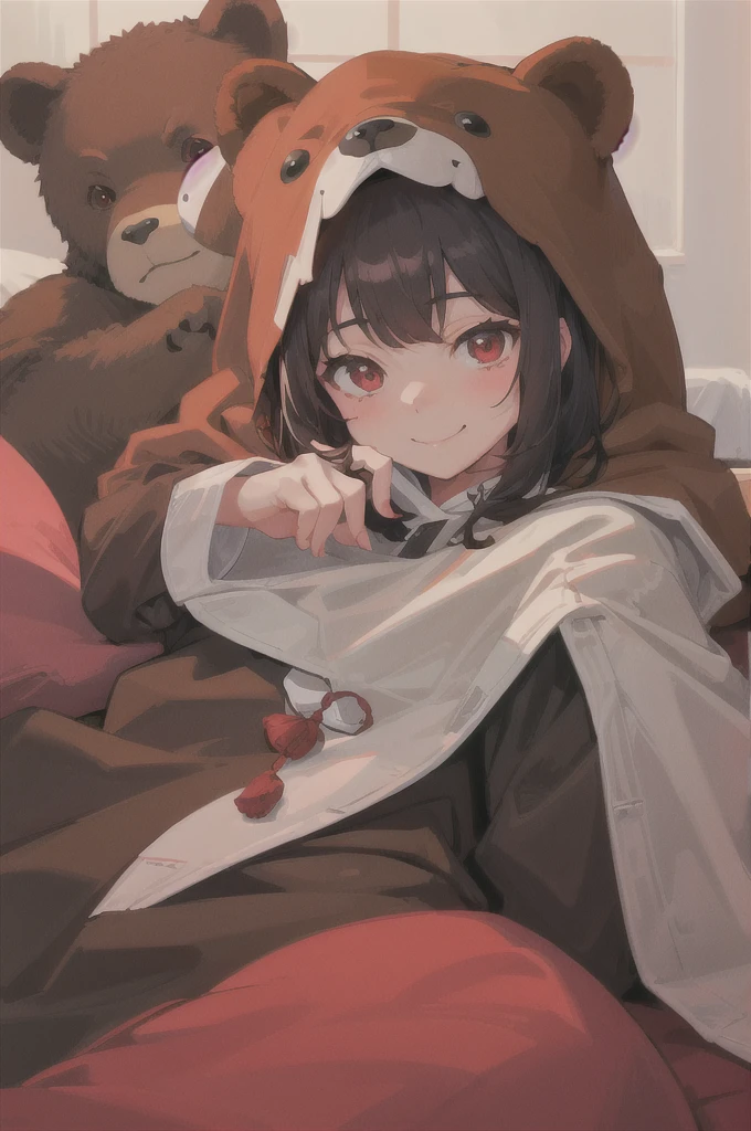A girl wearing a brown bear costume、Silver color、Bob、Red eyes、Shy smile、On the bed