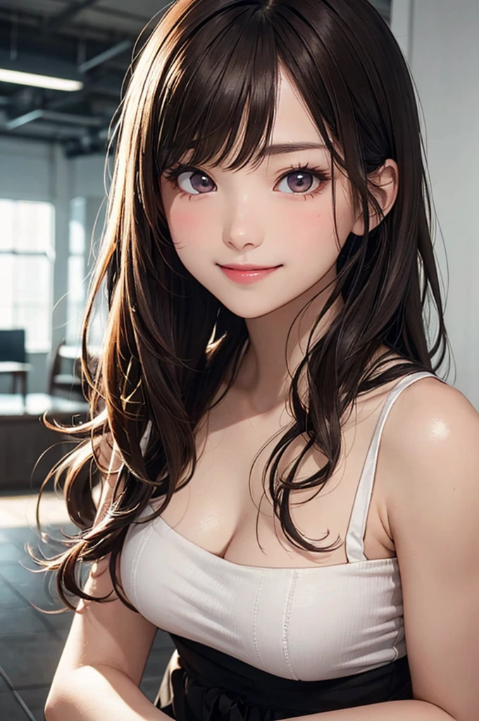 (Mastepiece:1.3), It is high resolution., Super detailed, Highly Detailed CG Unity 8K Wallpaper, Realism, photo-Realism, Raw photo, Beautiful detailed face, Light skin, Realism glistening skin, Detailed cloth texture, Detailed hair texture, Perfect Body, Beautiful face, correct, Anatomically correct, Highly detailed face and skin texture, Natural neck length, (Beautiful hands and airy skin:1.2), Slim legs, Slim legs, BREAK, Detailed eyes, Symmetrical eyes, Light brown eyes, Double eyelids, Thin eyebrows, (Glossy lips:1.4), ((Smiling Kindly, Waiting for a kiss:1.2)), (blush:1.1), BREAK, (Classy and cute girl:1.3), Large Breasts, (Slender figure:1.1), Strong abdominal muscles, Beautiful clavicle, (Dark Blonde Hair, Wavy Hair, Long Hair:1.2), ((Asymmetrical bangs:1.2)), BREAK, ((stand in the reception area, A posture of leaning forward:1.1)),Looking at the Viewer