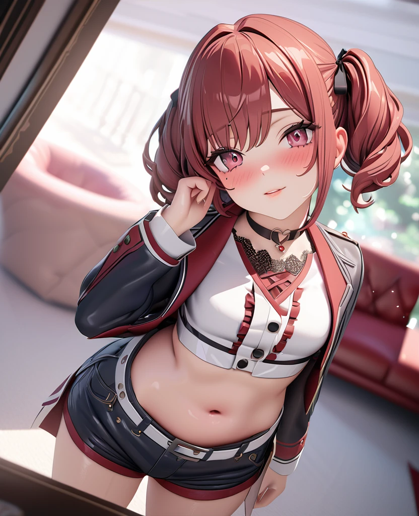 masterpiece, best quality, highly detailed, high resolution, expensive resolution, high resolution, 4K, 8k, uniform 8k wallpaper, highly detailed CG, masterpiece, 2D, 3D, beautiful details, depth, fine texture, best quality: 1.3, perfectly focused, crispy. skin, him, cute anime 20s girl, her name is Mei, idol, expensive brown short twin tails, mole under eye, looking at the viewer, cowboy shorts, expensive, blush, mole, plump lips, heart, pink eyes, heart shaped choker