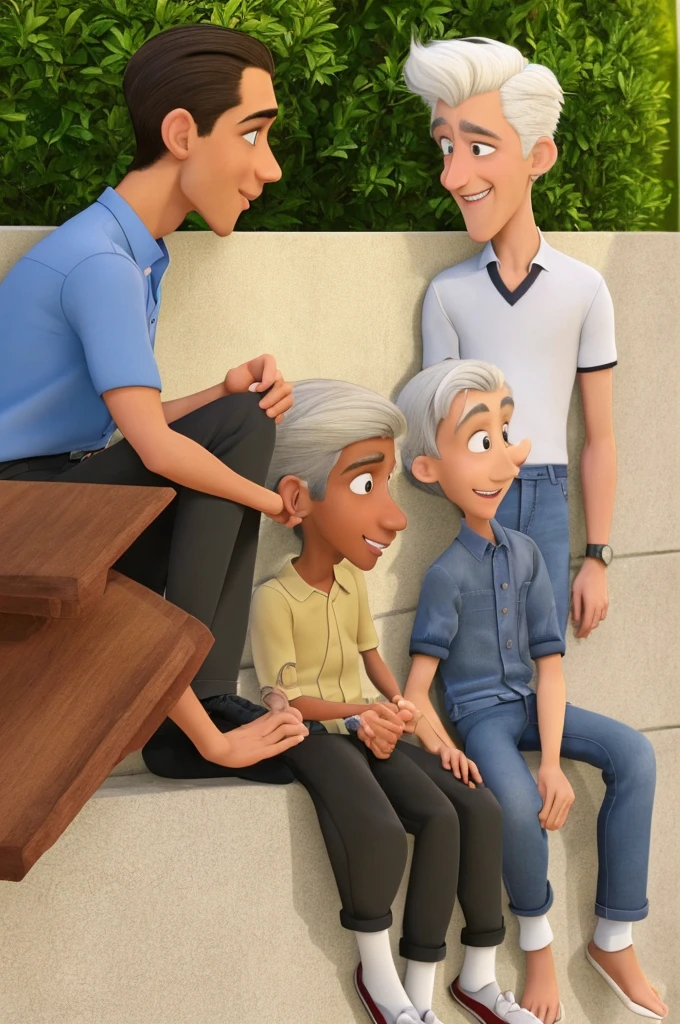 a ratatouille-style cartoon image of two well-dressed men, both have the same height, one has darker skin and white hair and the other has lighter skin and highlighted hair, the two are young and are talking and smoking  and sitting on a wall, they are near a lawn and the sun is setting
