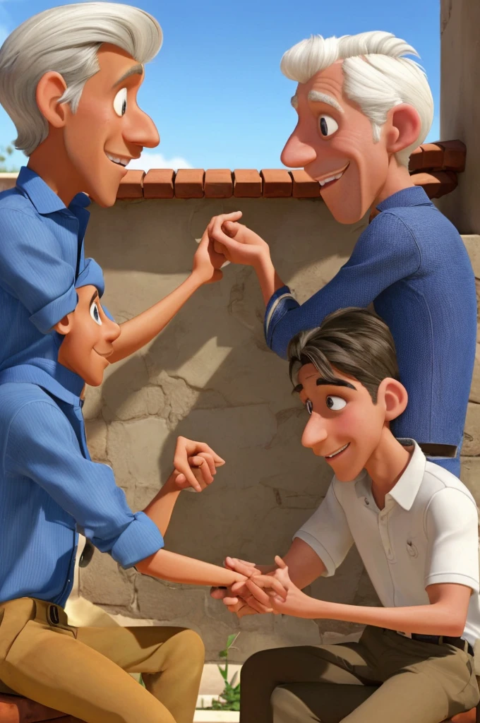 a ratatouille-style cartoon image of two well-dressed men, both have the same height, one has darker skin and white hair and the other has lighter skin and highlighted hair, the two are young and are talking and smoking marijuana and sitting on a wall, they are near a lawn and the sun is setting
