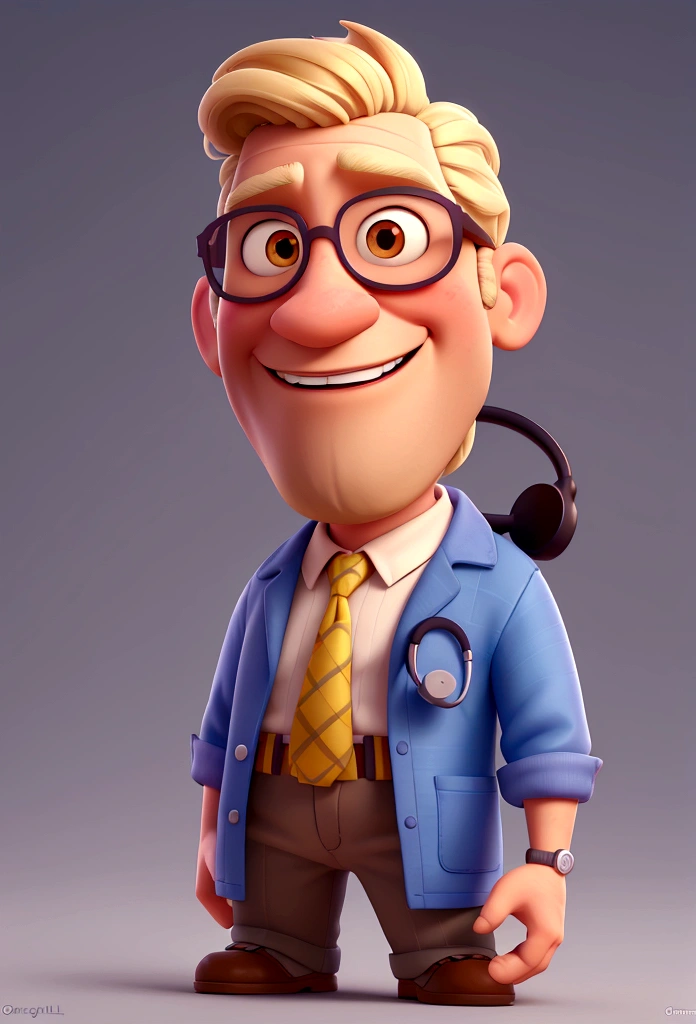 Cartoon character of a man with glasses, blonde hair and beard smiling, cardiologist doctor wearing Ceará shirt and stethoscope, an animated character, stylized character, animation style rendering, 3d stylized, , Stylized 3D rendering, toon render screenshot, 3d character, 3d character, Stylized 3D rendering, 3D character rendering, cartoon character, Personagem de close up, character posing, (Pixar-style) (bokeh) (best qualityer) (skin detailed) (detailed texture) (8K) (Argilla) (cinematic lighting) (sharp focus，Sit down and lift your upper body