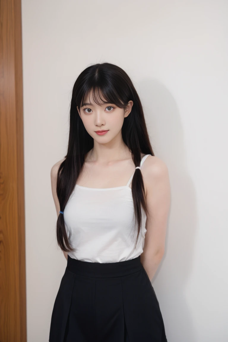 best quality, tmasterpiece,Ultra-high resolution,Clear face,(Reality:1.4),ferpect lighting,(upper body shot), (photorealistic:1.50), anime wallpaper, Guviz style artwork, cover-up fantasy up to magic , by Yang J, Guviz, beautiful artwork illustration, beautiful digital artwork, beautiful digital illustration, Li Song, beautiful anime portrait, art style in Beauvot, 1girl, 独奏, long hair, (twintails:1.3), black hair, Tank top, Pleated skirt, standing, Arms behind back,