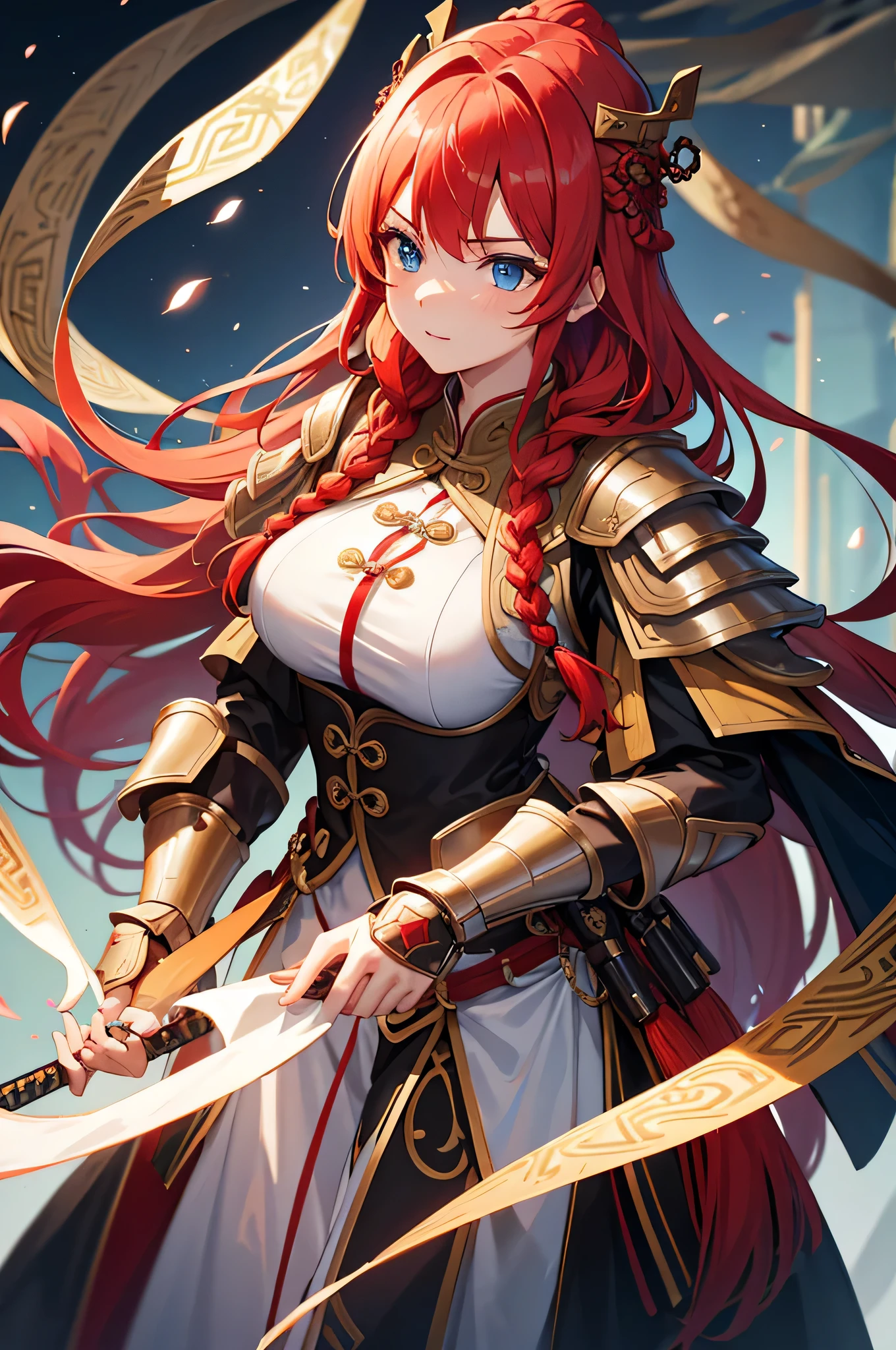 4K,High resolution,One Woman,Red Hair,long hair,Braid,Blue Eyes,Big Breasts,Ancient Chinese Generals,Ancient Chinese White Armor,Heavy Armor,Full Armor,ancient chinese crown,Long sword,Ancient Chinese Villages