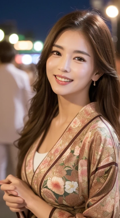 ((highest quality、8k、master piece:1.3))、Self snap、beautiful woman with perfect figure:1.4、(brown long hair、normal breasts:1.3)、(floral pattern yukata)、Highly detailed face and skin texture、detailed eye、double eyelid、laughter:1.5、Full body Esbian、～sacrifice to、in the street、night