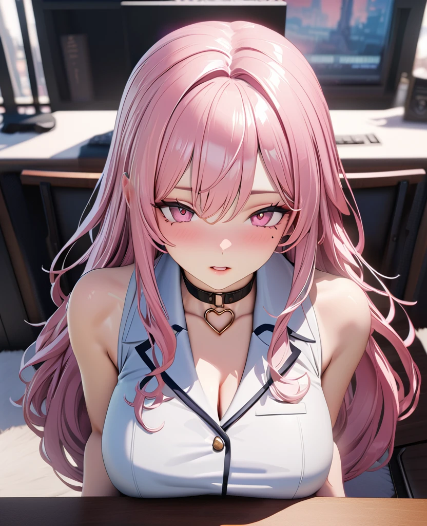 masterpiece, best quality, highly detailed, high resolution, expensive resolution, high resolution, 4k, 8k, Unity 8k wallpaper, highly detailed CG, masterpiece, 2d, 3d, beautiful details, depth, fine texture, best quality: 1.3, perfect focus, crispy skin, him, very cute anime 20s girl, sexy uniform in secretary department, big breasts, expensive pink medium long hair, above the knees, secretary's office, mole under eye, looking at the viewer, expensive, mole, open lips,, heart, pink eyes, heart choker