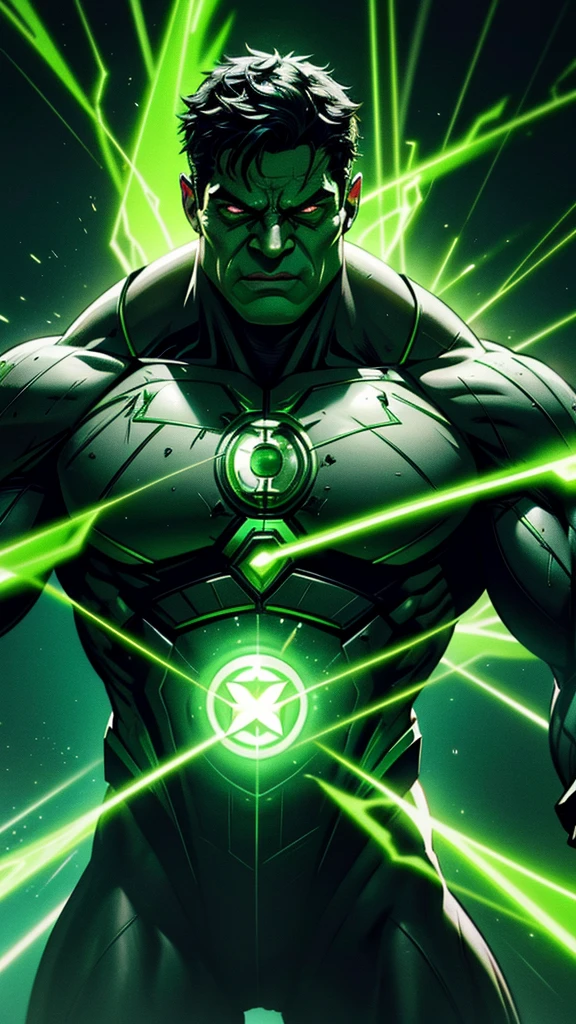 Hulk as Green Lantern. with green glowing eyes. intricate, hypermaximalist, elegant, hyper realistic, epic high details,full details,high resolution,dynamic slightblue lighting,rendering,realism,Photo-realistic, ultra realistic, octane render, unreal engine, hyper detailed, volumetric lighting, 8k reality, cinematic
