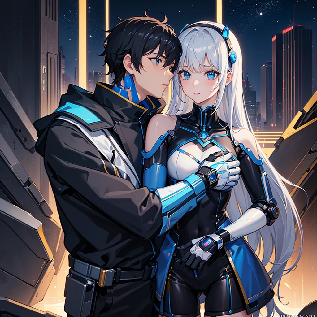(masterpiece:1.2) (((32k))),(((Highest quality))), masterpiece, add_detail best quality, 8k, high resolution, Poster, Futuristic, blue shades, robotic man, male robot, human girl, girl and a robot love scene, girl and robot romantic scene, girl touching the robot check, in love, romantic, human girl and male robot, girl and robot in love, kissing, hugging, emotional