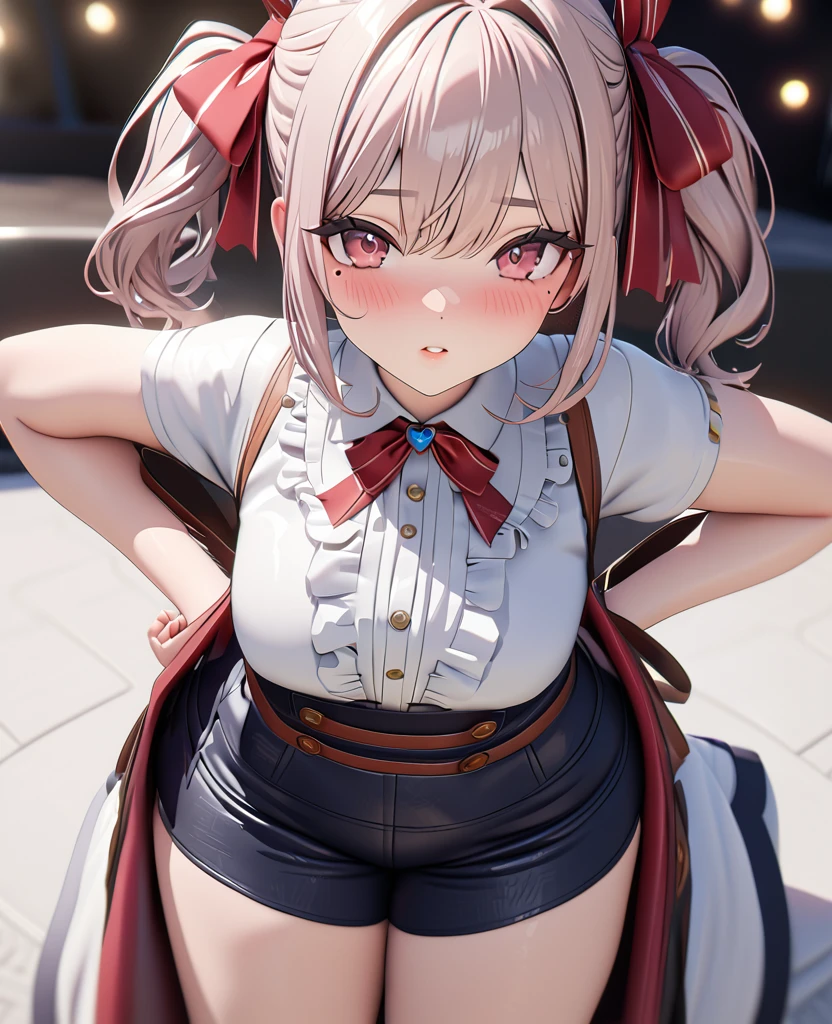 masterpiece, best quality, highly detailed, high resolution, expensive resolution, high resolution, 4K, 8k, uniform 8k wallpaper, highly detailed CG, masterpiece, 2D, 3D, beautiful details, depth, fine texture, best quality: 1.3, perfectly focused, crispy. skin, him, cute anime 20s girl, her name is Mei, idol, expensive brown short twin tails, mole under eye, looking at the viewer, cowboy shorts, expensive, blush, mole, plump lips, heart, pink eyes, heart shaped choker