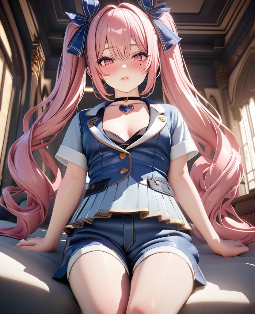masterpiece, best quality, highly detailed, high resolution, expensive resolution, high resolution, 4K, 8k, uniform 8k wallpaper, highly detailed CG, masterpiece, 2D, 3D, beautiful details, depth, fine texture, best quality: 1.3, perfectly focused, crispy. skin, him, cute anime 20s girl, her name is Mei, idol, expensive brown short twin tails, mole under eye, looking at the viewer, cowboy shorts, expensive, blush, mole, plump lips, heart, pink eyes, heart shaped choker