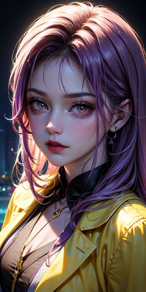 a girl with purple hair, yellow eyes, wearing a white coat, sexy, ultra detailed, best quality, 4k, 8k, highres, masterpiece:1.2, ultra-detailed, realistic, photorealistic, photo-realistic:1.37, HDR, UHD, studio lighting, ultra-fine painting, sharp focus, physically-based rendering, extreme detail description, professional, vivid colors, bokeh, portrait, hyperrealism