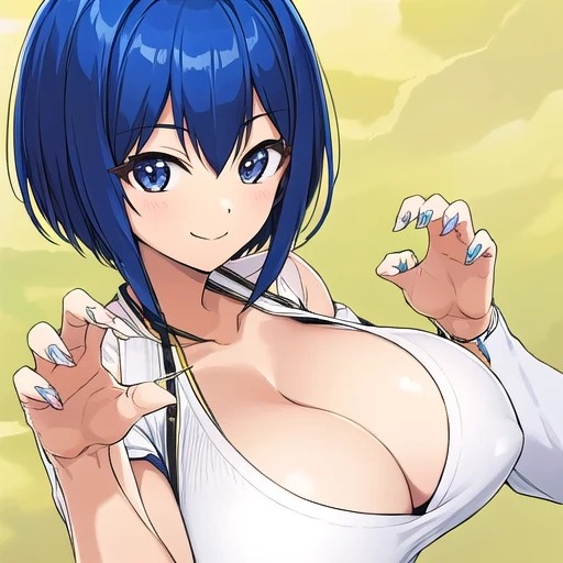 Super detailed,claw pose,胸に穴の開いたセーター,smile,blue hair,huge breast,