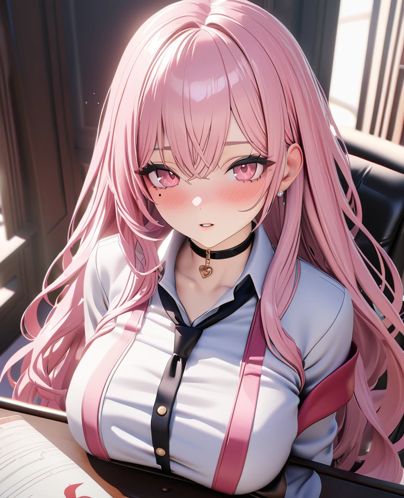 masterpiece, best quality, highly detailed, high resolution, expensive resolution, high resolution, 4k, 8k, Unity 8k wallpaper, highly detailed CG, masterpiece, 2d, 3d, beautiful details, depth, fine texture, best quality: 1.3, perfect focus, crispy skin, him, very cute anime 20s girl, sexy uniform in secretary department, big breasts, expensive pink medium long hair, secretary's office, mole under eye, looking at the viewer, expensive, blush, mole, parted lips, , heart, pink eyes, choker