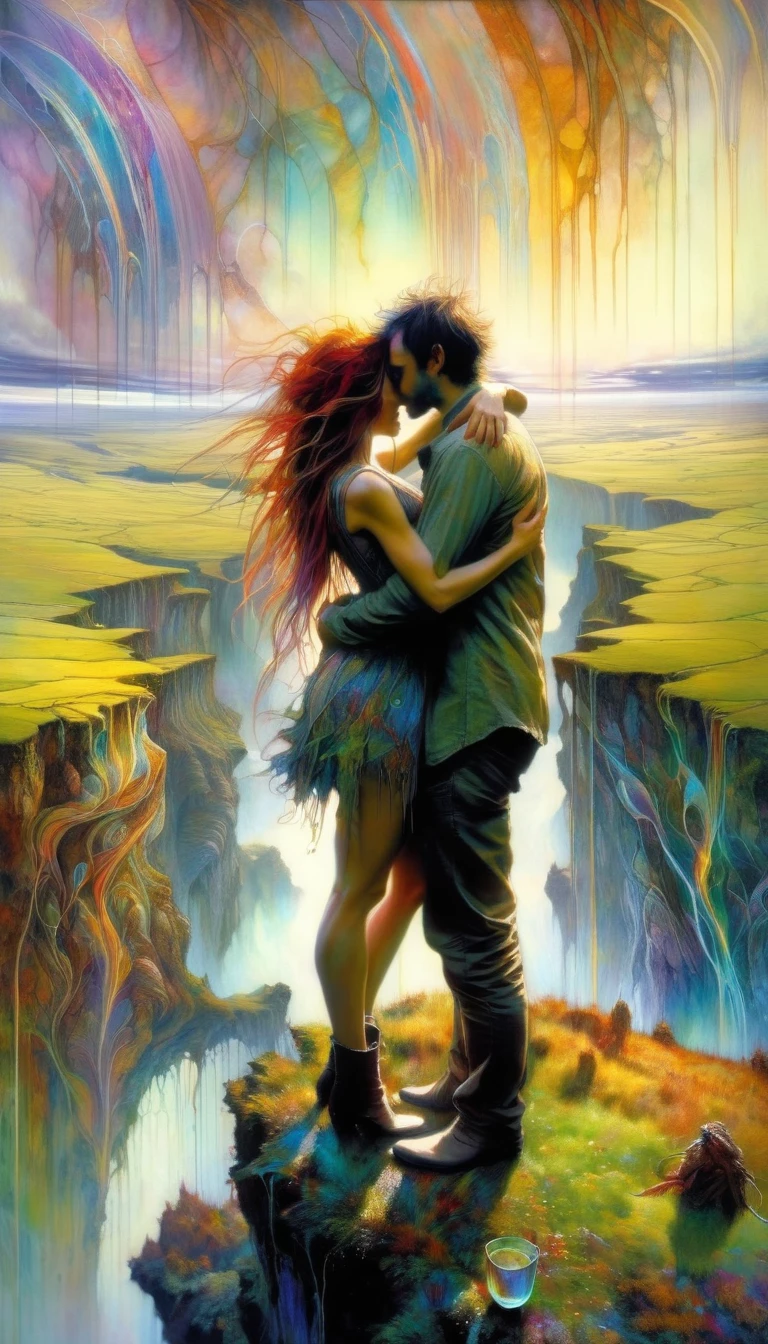a man and a woman hug each other looking at an incredible landscape, where we see a rainbow that contains 10 cups of liquor inside (art inspired by Brian Froud and Carne Griffiths and Wadim Kashin, intricate details, oil painting)
