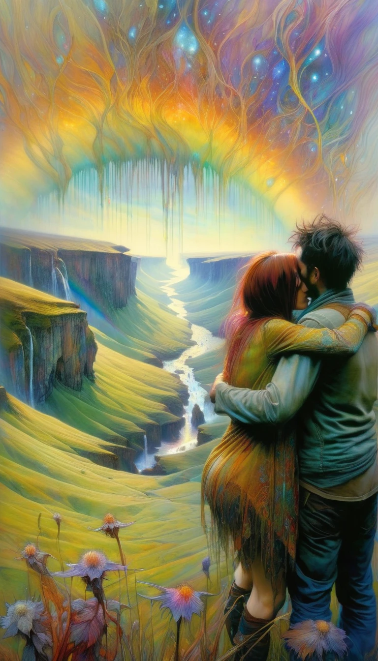 a man and a woman hug each other looking at an incredible landscape, where we see a rainbow that contains 10 cups of liquor inside (art inspired by Brian Froud and Carne Griffiths and Wadim Kashin, intricate details, oil painting)